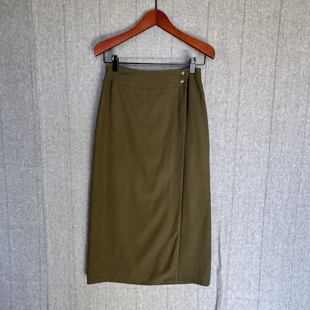80s Vintage Jones New York Olive Green 100% Wool True Wrap Midi Skirt Size Small